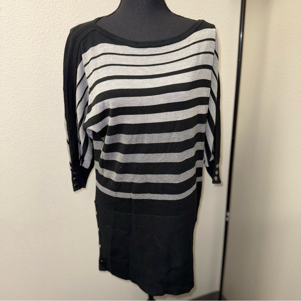 White House Black Market Striped Batwing Sweater. Black & Gray Striped. Size Med